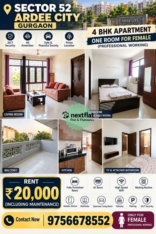 Looking for Female Flatmate in 2BHK in Ardee City, Sector 52, Gurugram - NextFlat