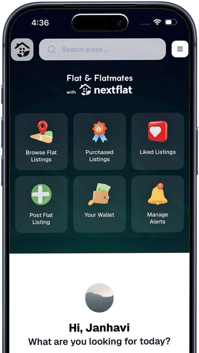 NextFlat Mobile App Screenshot showing flat listings, search, and roommate matching